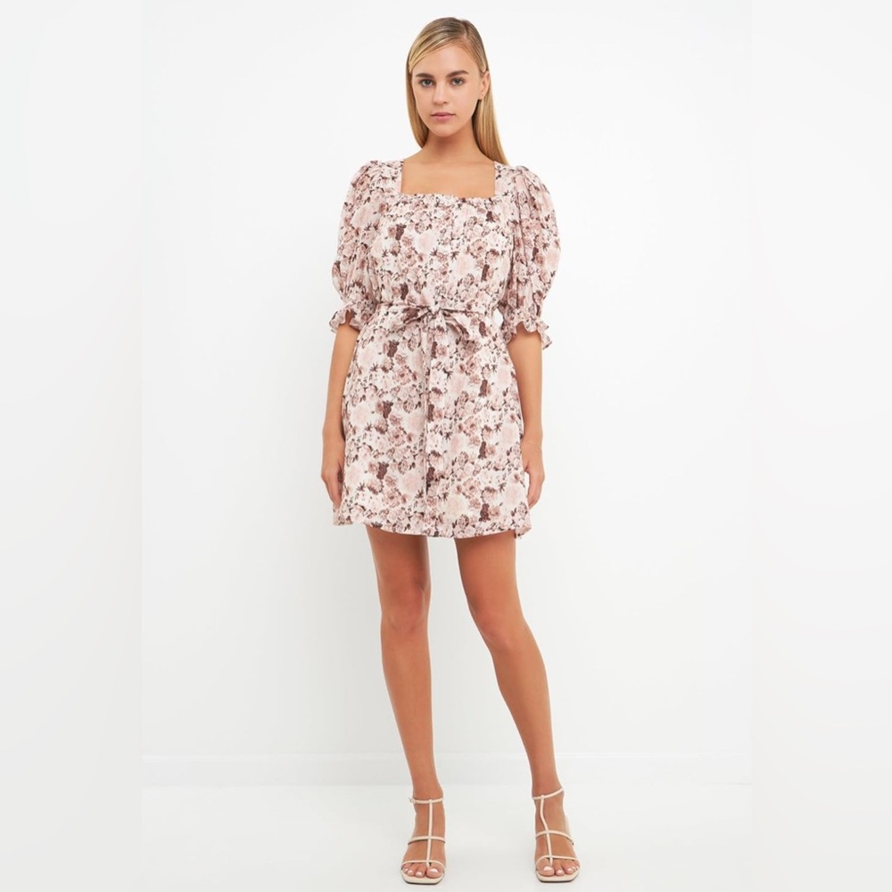 English Factory Women's Floral Linen Mini Dress Tie Waist Buttons Puff Sleeves